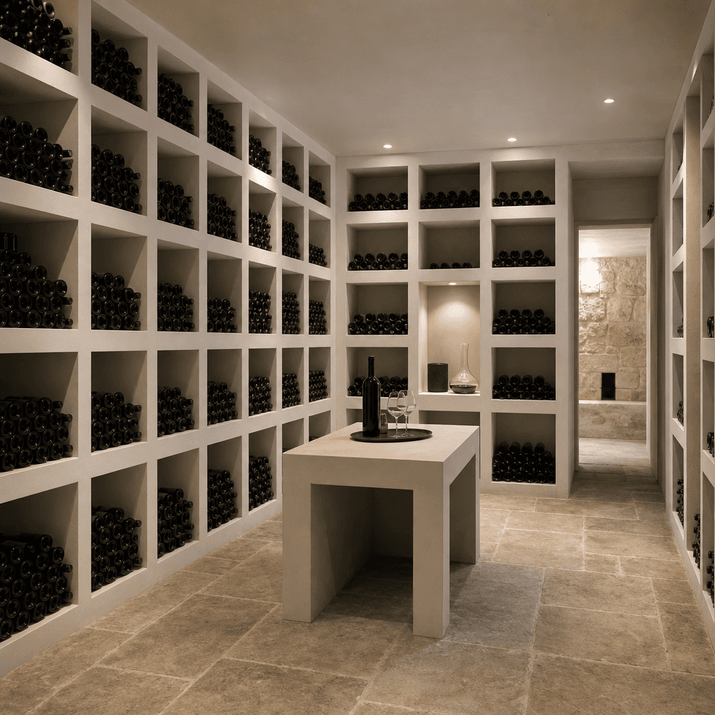 Cave à vin aménagée en sous-sol avec casiers maçonnés